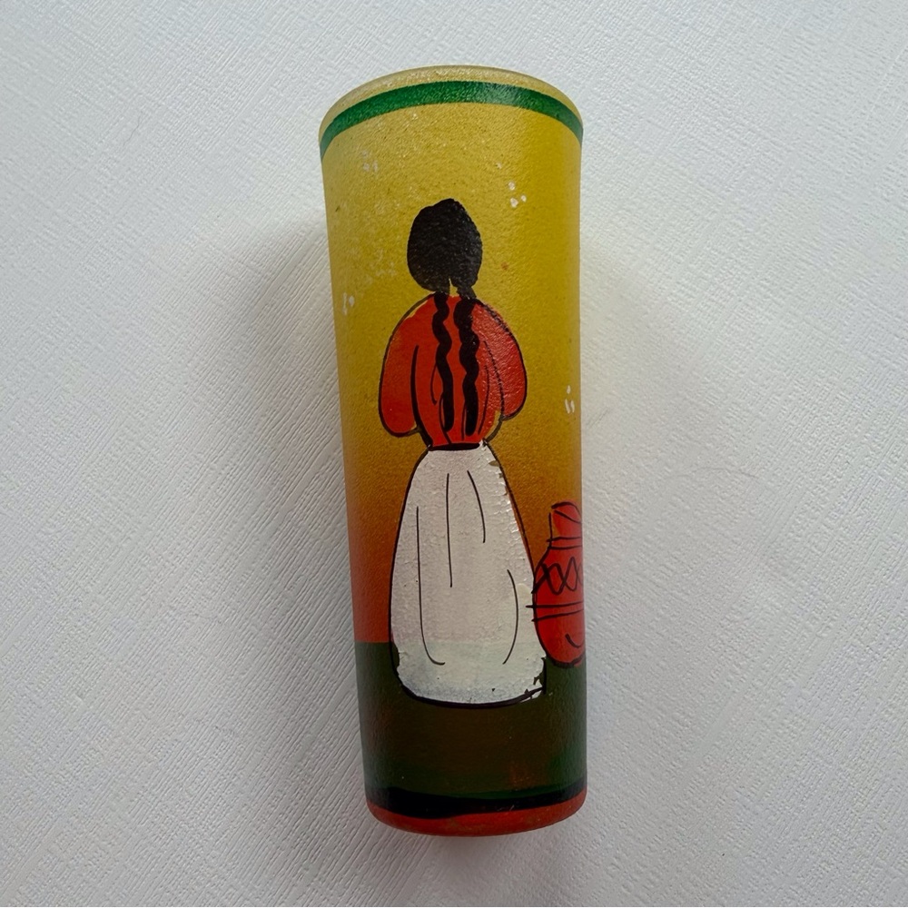 VTG Mexican Hand Painted Decorative Tall Skinny Shot Glass with‎ Woman & Leaf